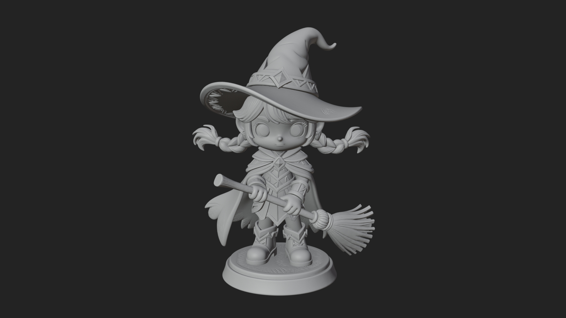 Chibi Witch Girl with Broom Statue Design 2 3D Print Model 3D Model