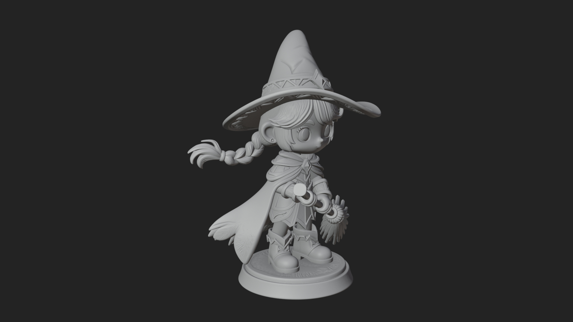 Chibi Witch Girl with Broom Statue Design 2 3D Print Model 3D Model