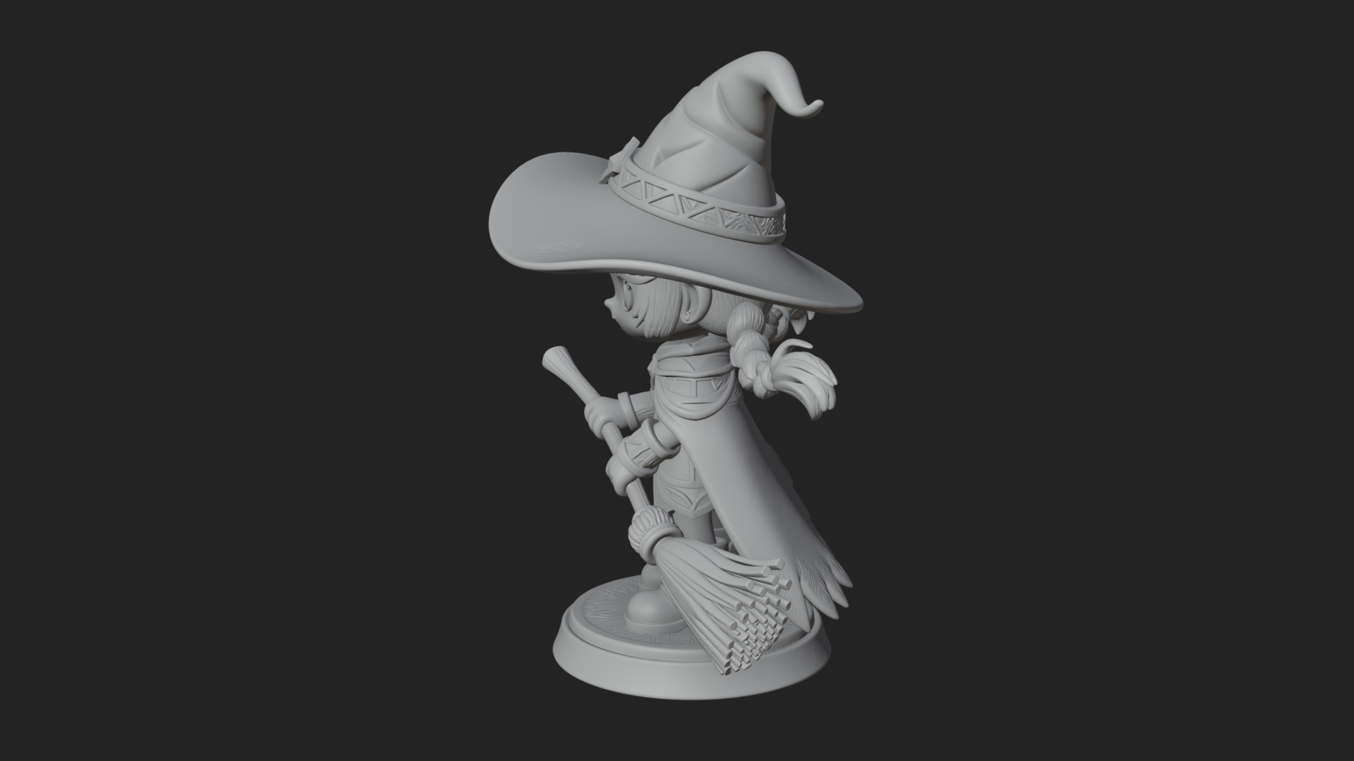 Chibi Witch Girl with Broom Statue Design 2 3D Print Model 3D Model