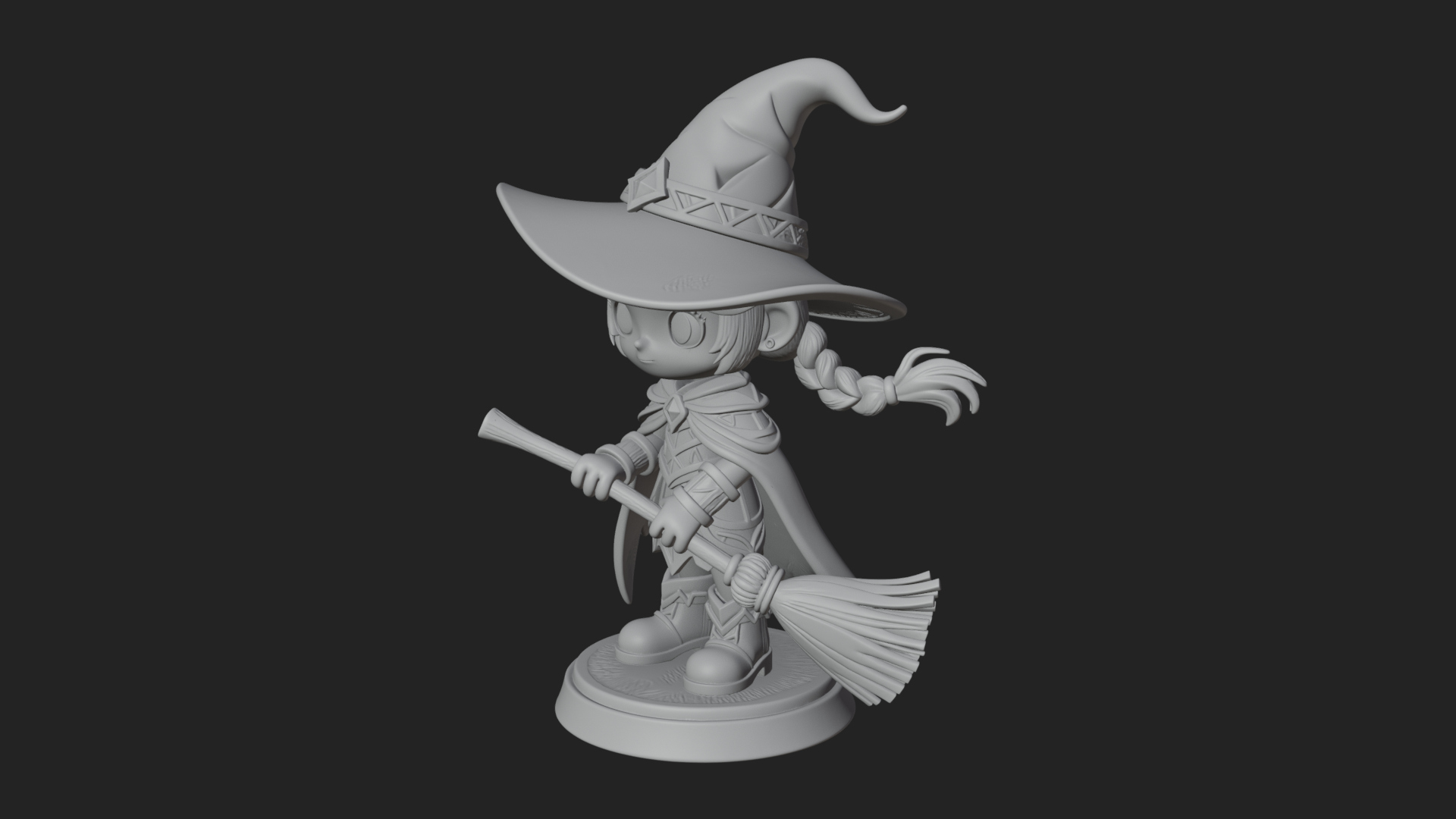 Chibi Witch Girl with Broom Statue Design 2 3D Print Model 3D Model