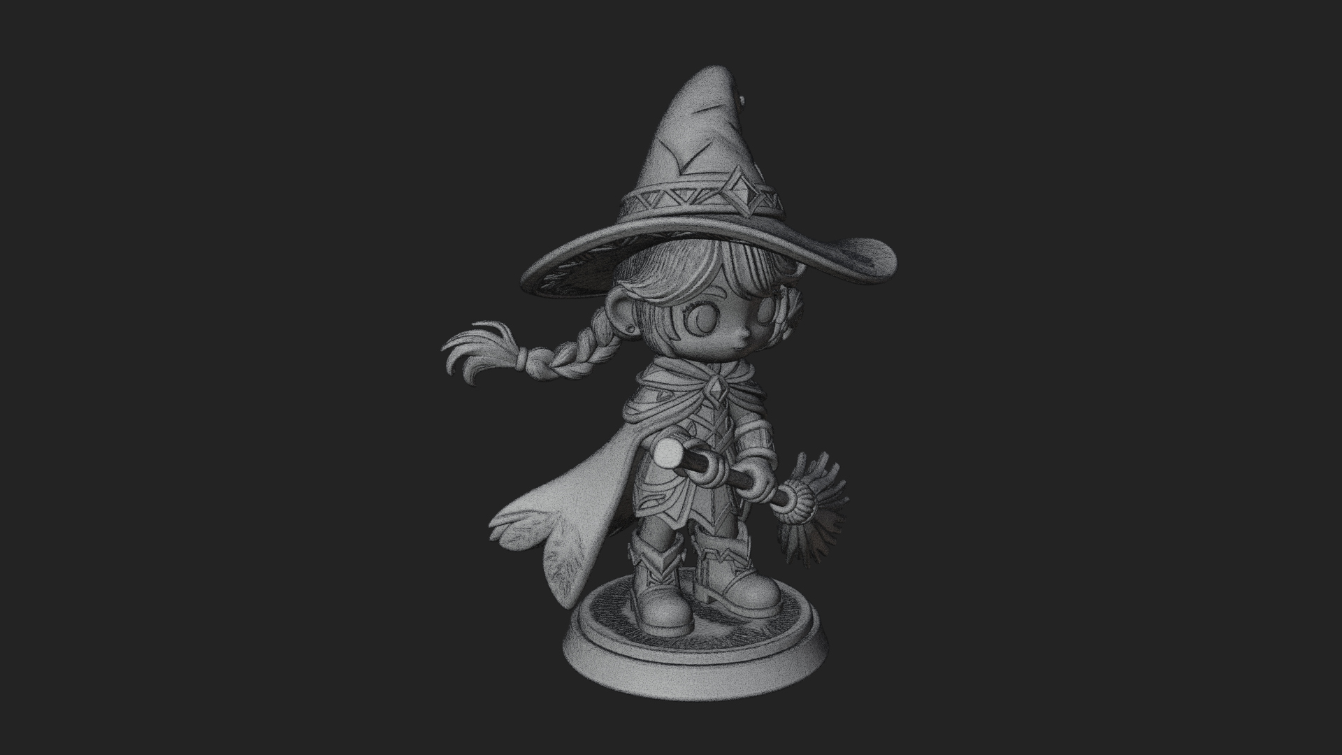 Chibi Witch Girl with Broom Statue Design 2 3D Print Model 3D Model