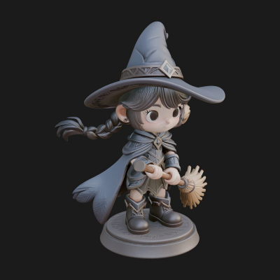 Chibi Witch Girl with Broom Statue Design 2 3D Print Model