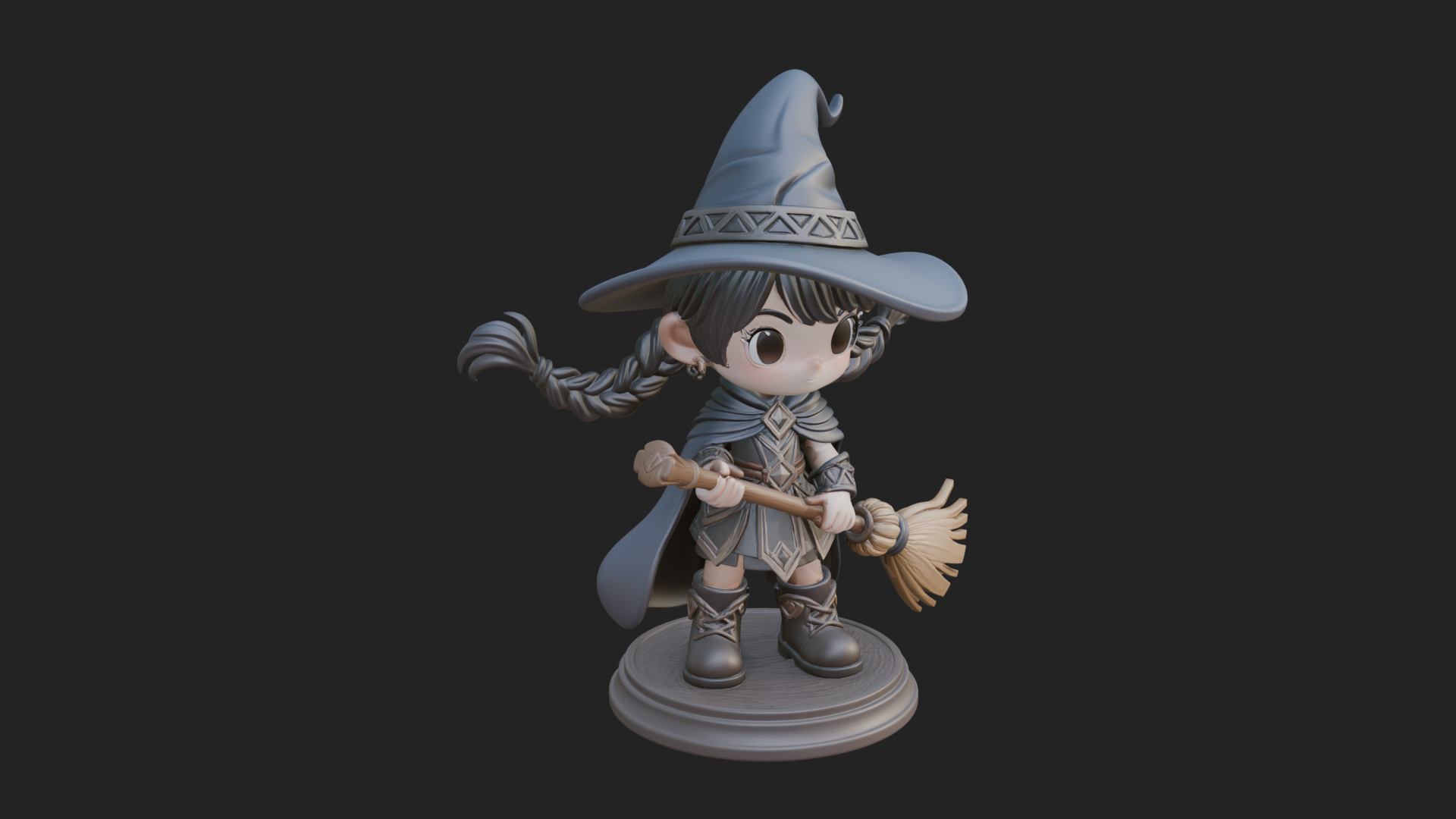 Chibi Witch Girl With Broom Statue Design 3 3D Print Model 3D Model