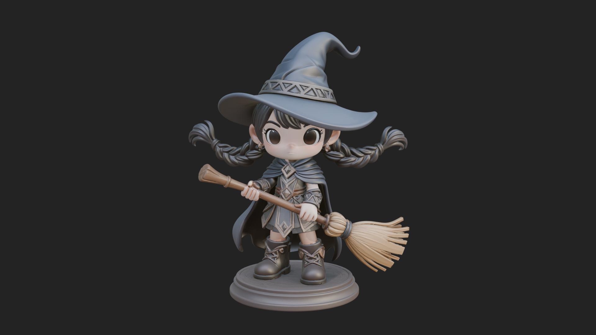 Chibi Witch Girl With Broom Statue Design 3 3D Print Model 3D Model