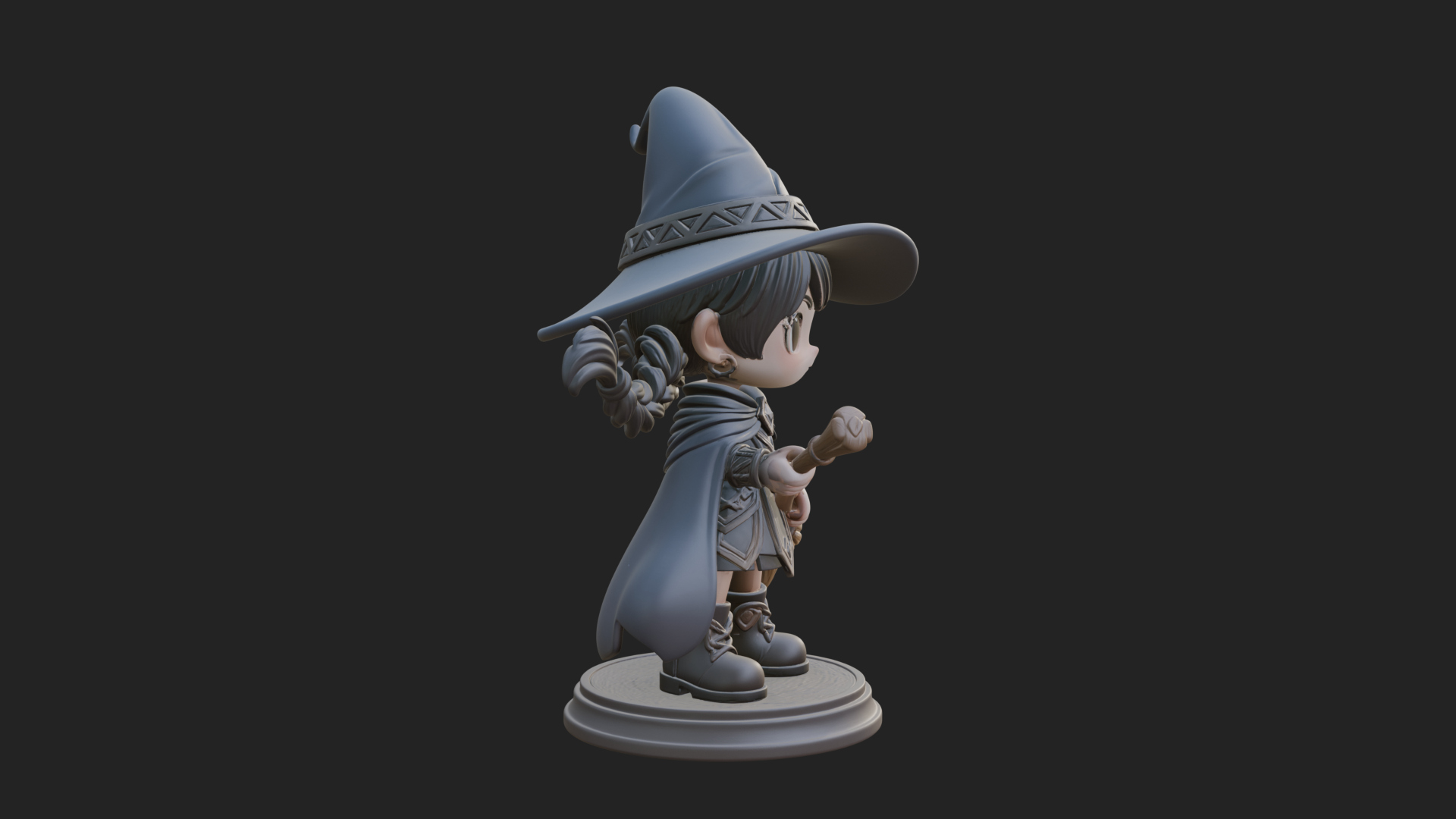 Chibi Witch Girl With Broom Statue Design 3 3D Print Model 3D Model