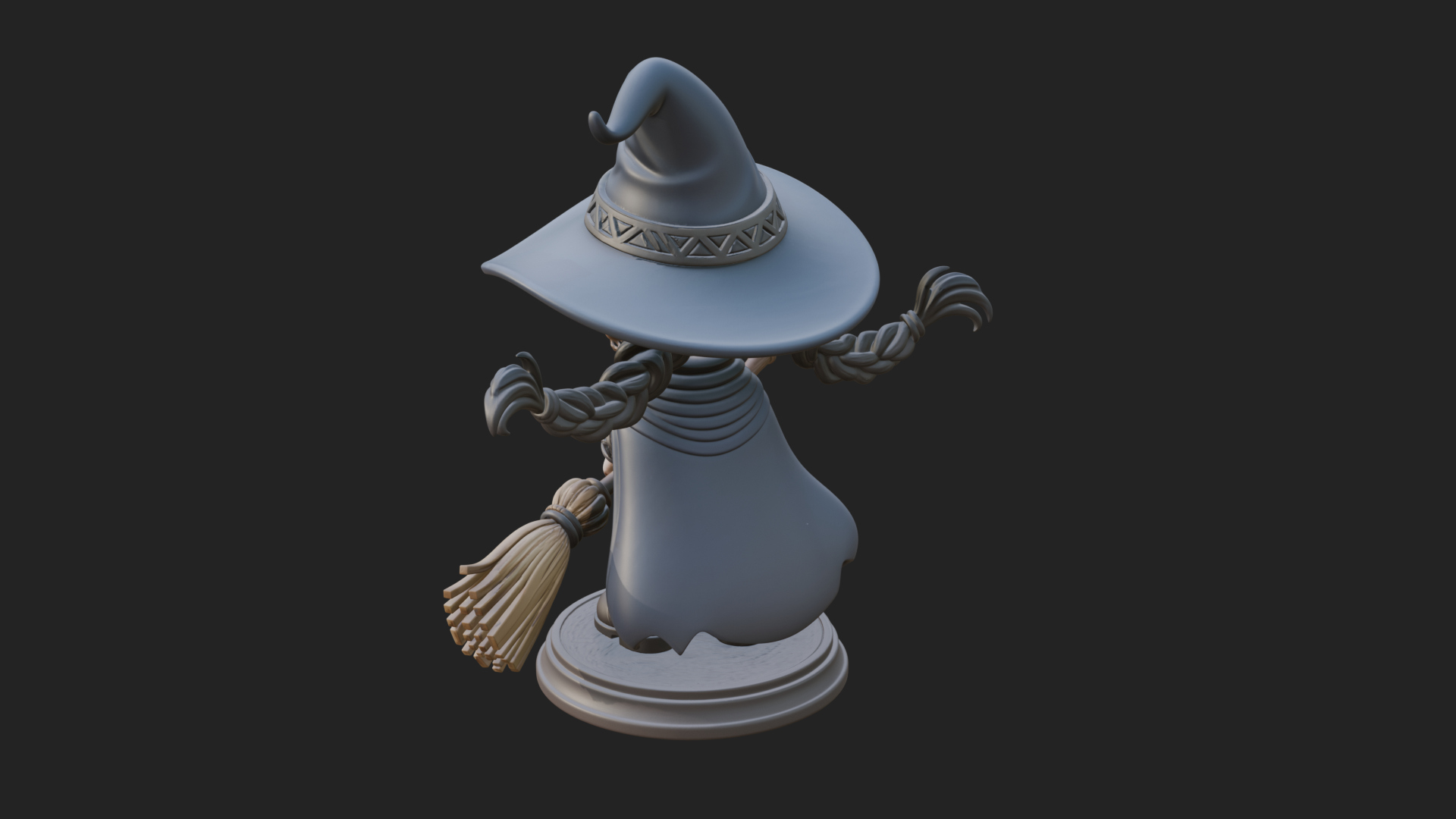 Chibi Witch Girl With Broom Statue Design 3 3D Print Model 3D Model