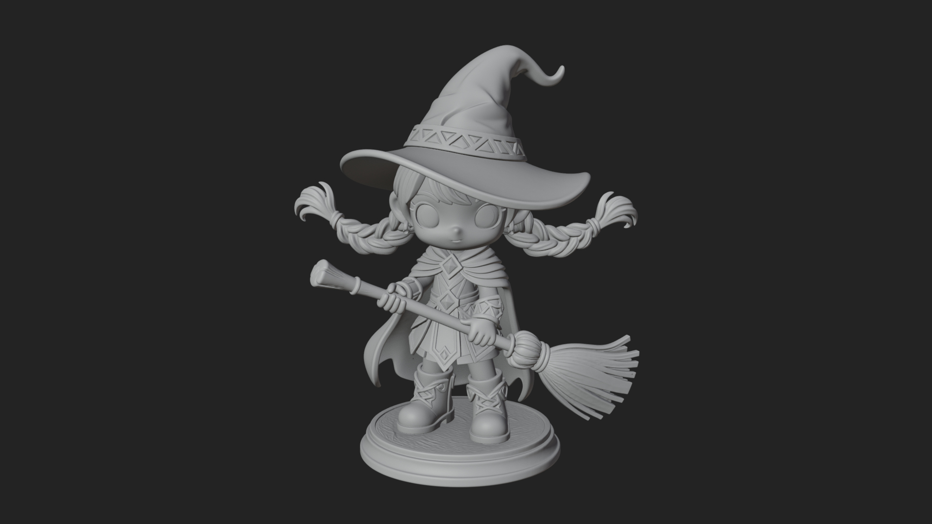 Chibi Witch Girl With Broom Statue Design 3 3D Print Model 3D Model