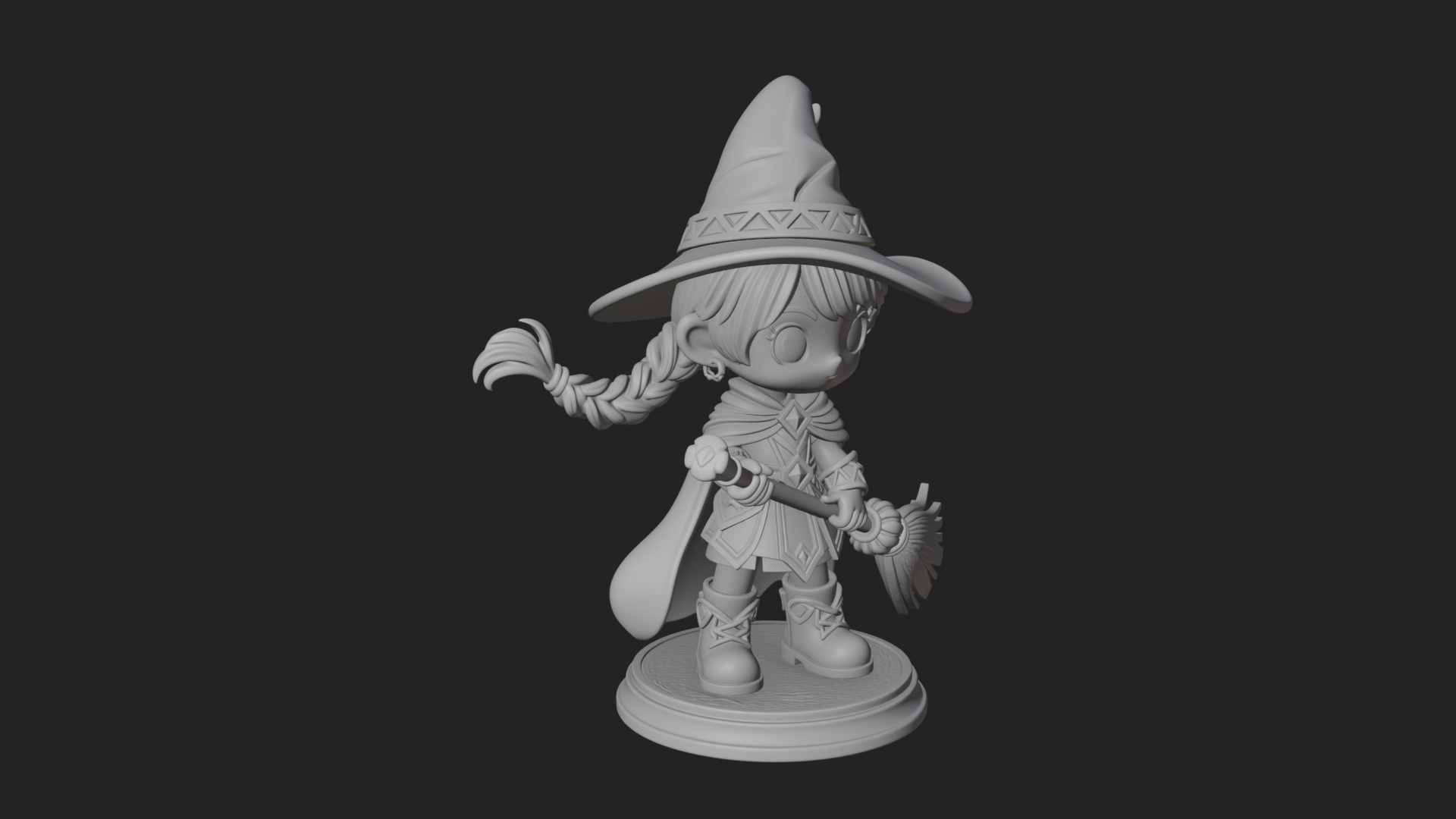 Chibi Witch Girl With Broom Statue Design 3 3D Print Model 3D Model
