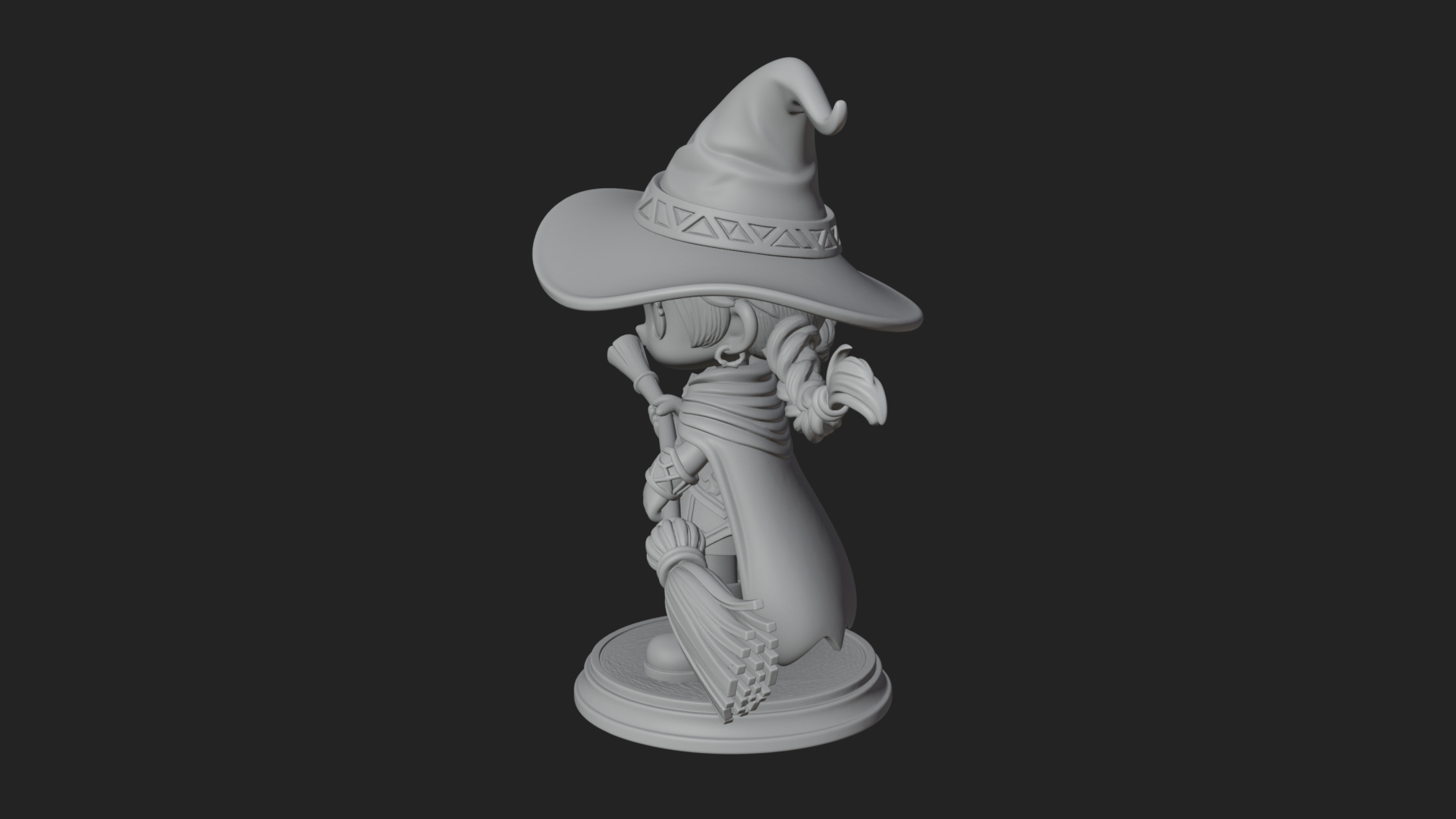 Chibi Witch Girl With Broom Statue Design 3 3D Print Model 3D Model