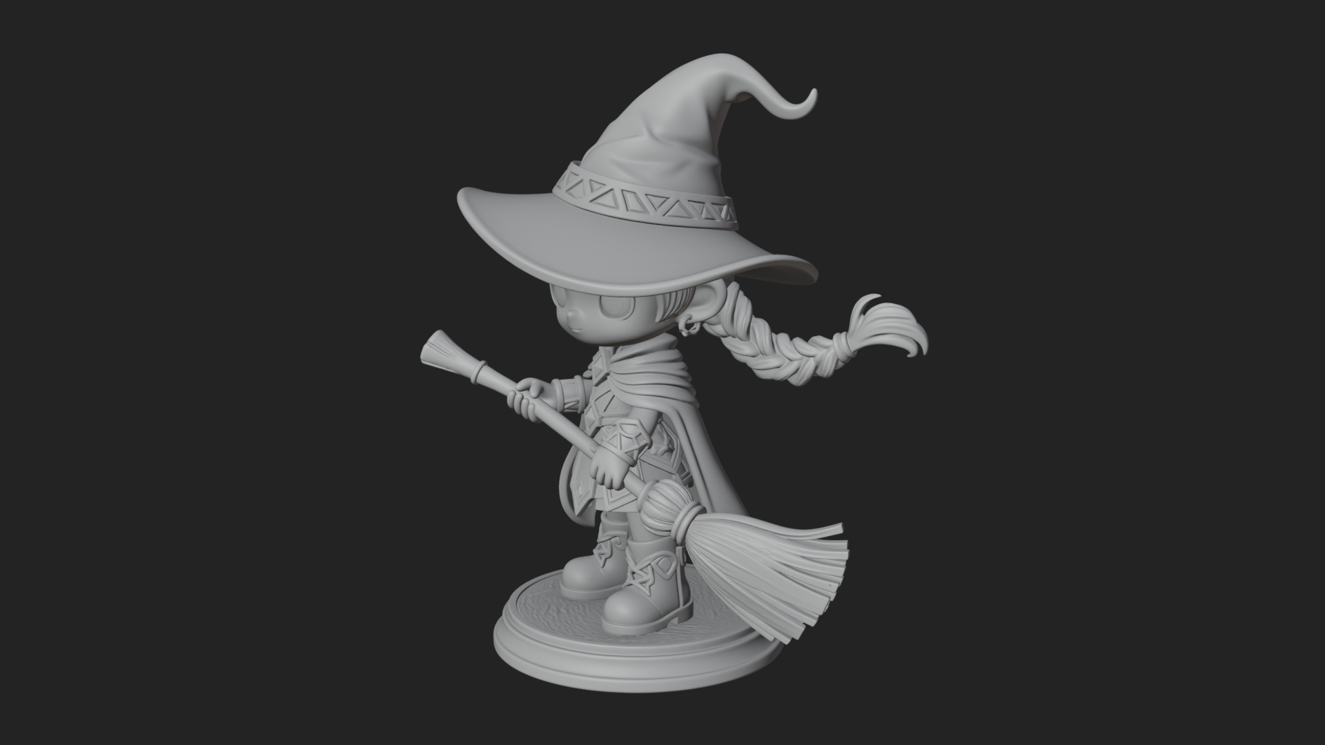 Chibi Witch Girl With Broom Statue Design 3 3D Print Model 3D Model
