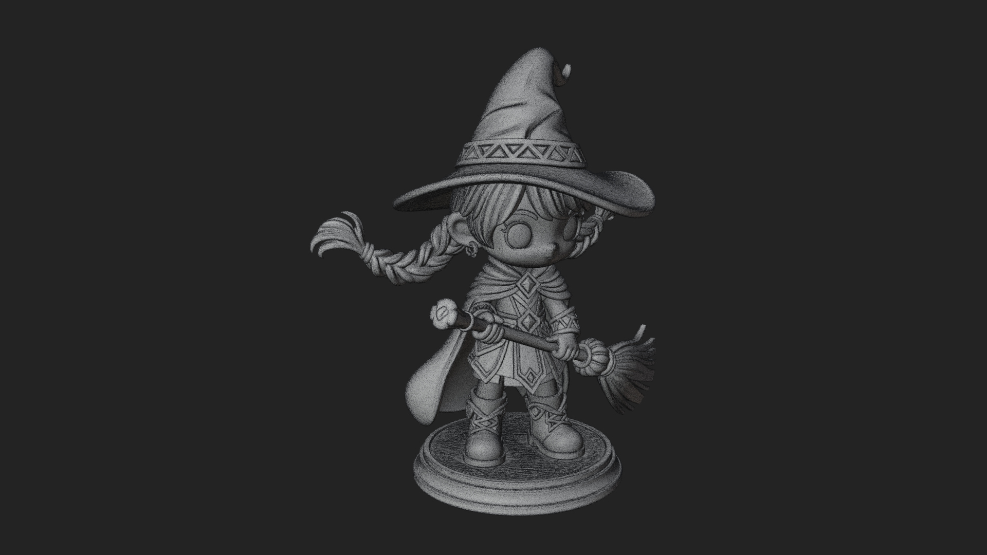 Chibi Witch Girl With Broom Statue Design 3 3D Print Model 3D Model