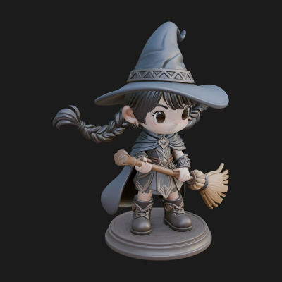 Chibi Witch Girl With Broom Statue Design 3 3D Print Model
