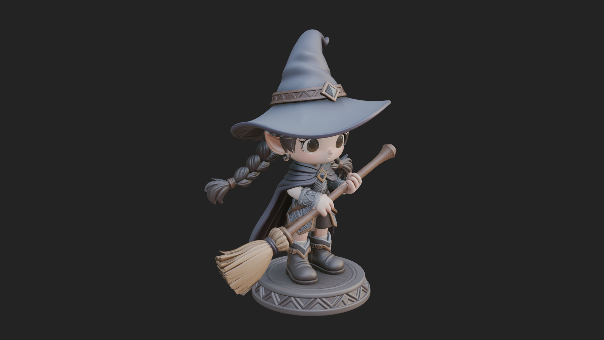 Chibi Witch Girl With Broom Statue Design 4 3D Print Model 3D Model