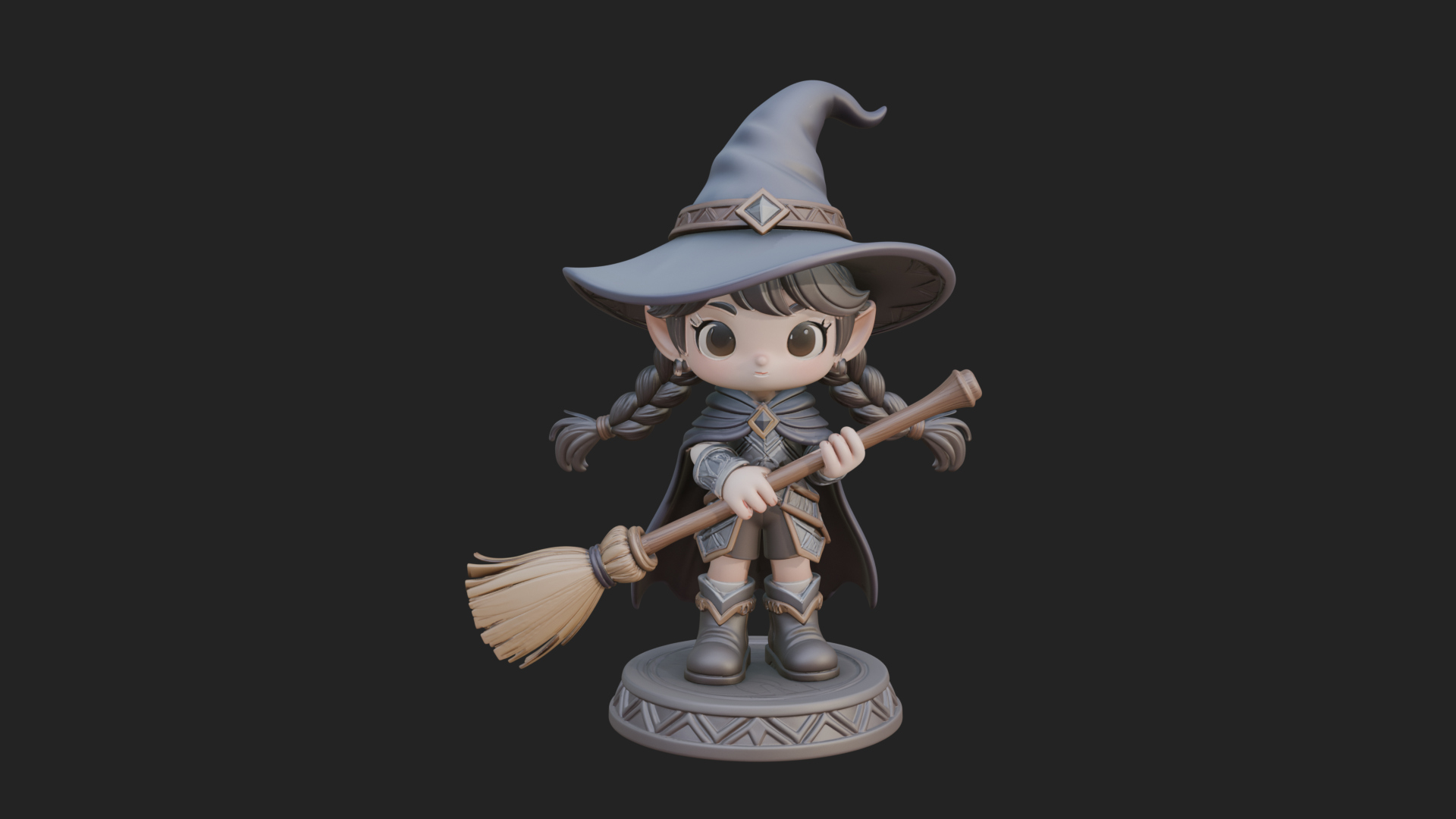 Chibi Witch Girl With Broom Statue Design 4 3D Print Model 3D Model