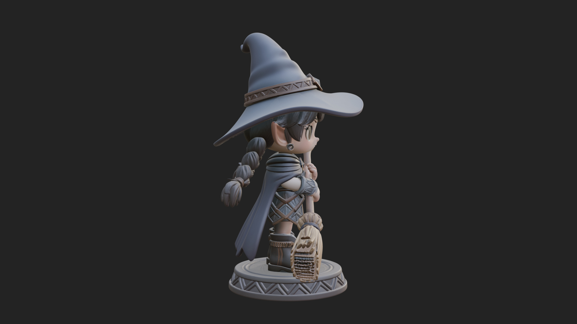 Chibi Witch Girl With Broom Statue Design 4 3D Print Model 3D Model