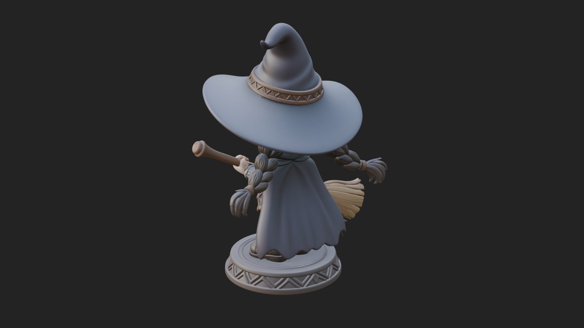 Chibi Witch Girl With Broom Statue Design 4 3D Print Model 3D Model