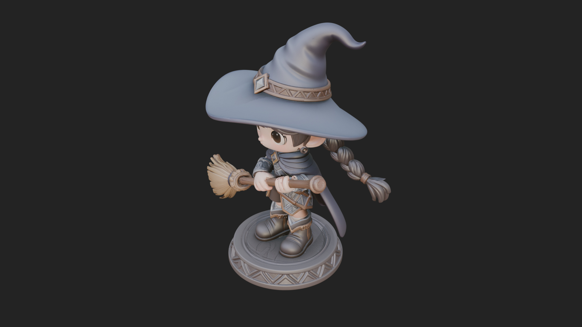 Chibi Witch Girl With Broom Statue Design 4 3D Print Model 3D Model