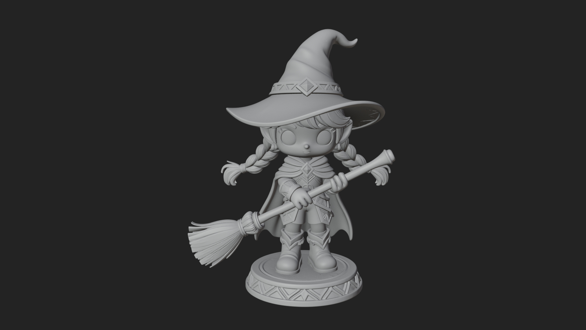 Chibi Witch Girl With Broom Statue Design 4 3D Print Model 3D Model