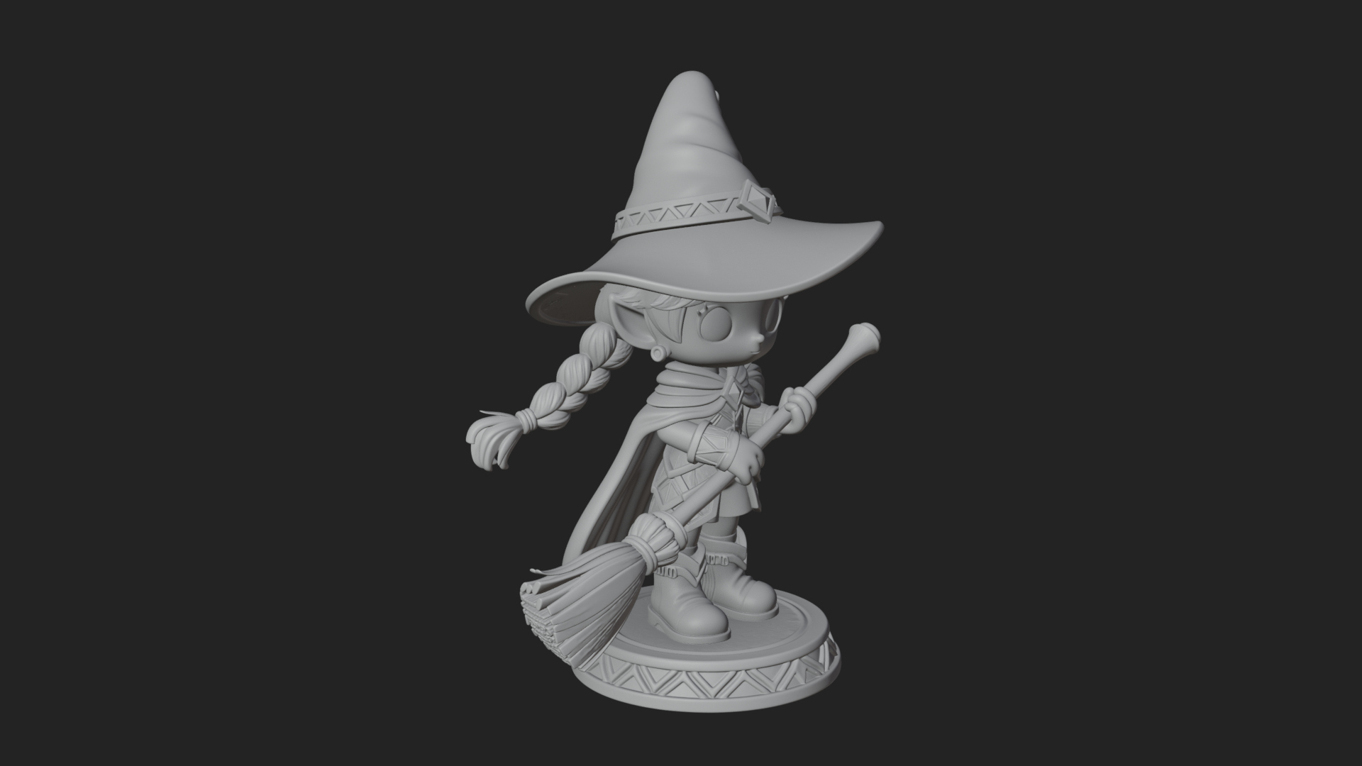 Chibi Witch Girl With Broom Statue Design 4 3D Print Model 3D Model