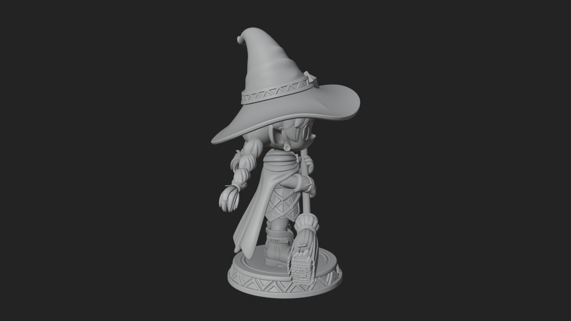 Chibi Witch Girl With Broom Statue Design 4 3D Print Model 3D Model