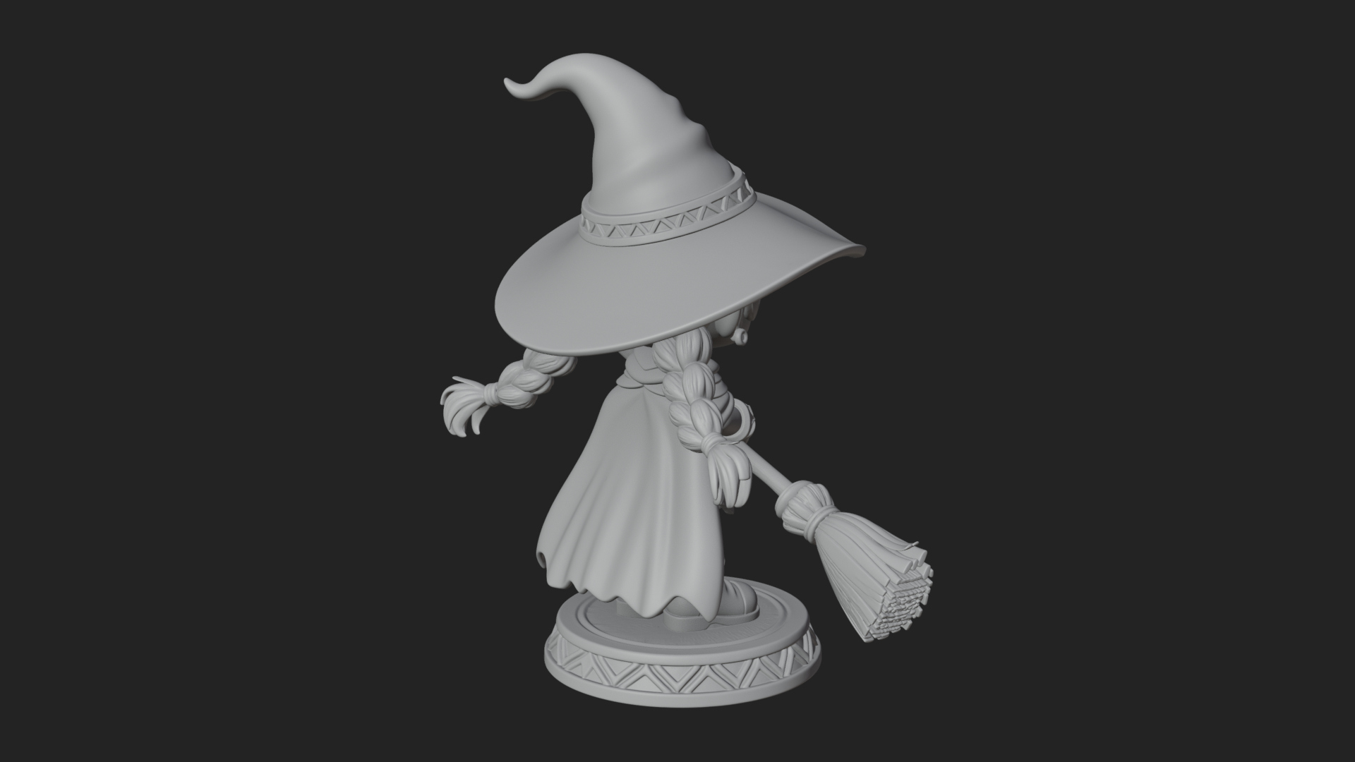 Chibi Witch Girl With Broom Statue Design 4 3D Print Model 3D Model