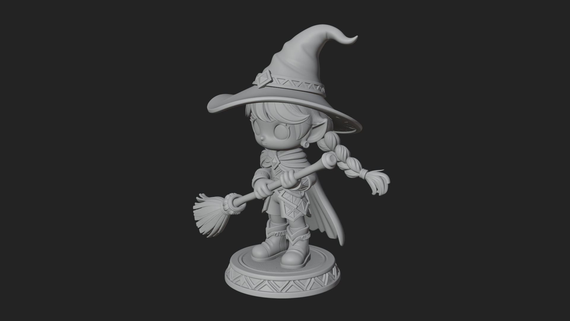 Chibi Witch Girl With Broom Statue Design 4 3D Print Model 3D Model