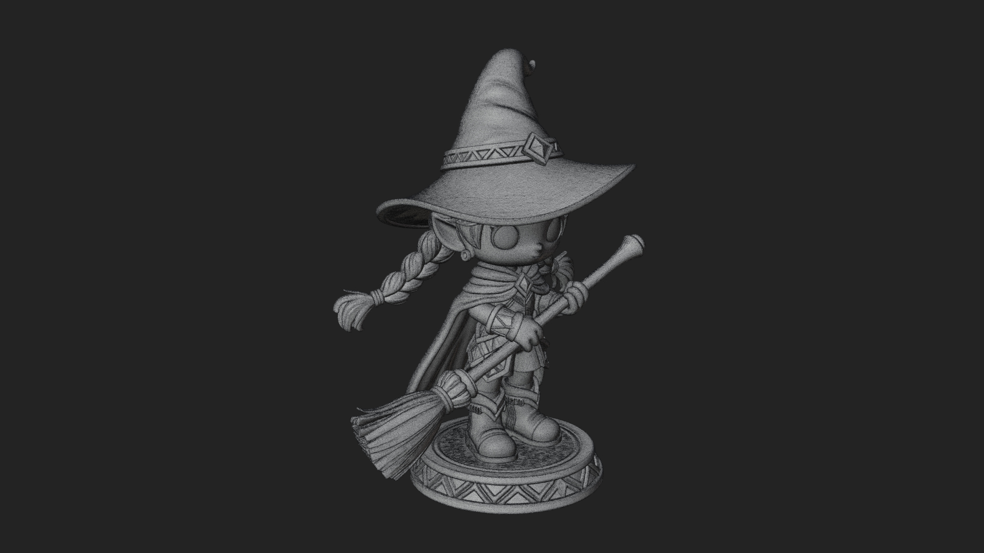 Chibi Witch Girl With Broom Statue Design 4 3D Print Model 3D Model