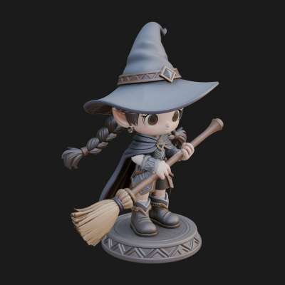 Chibi Witch Girl With Broom Statue Design 4 3D Print Model