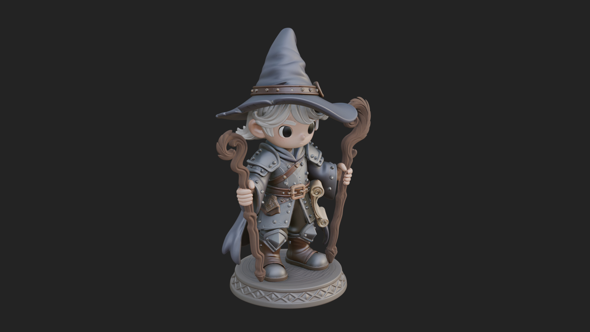 Chibi Wizard With Long Staff Statue Design 4 3D Print Model 3D Model