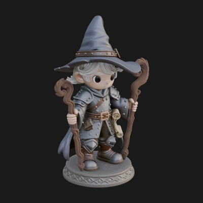 Chibi Wizard With Long Staff Statue Design 4 3D Print Model