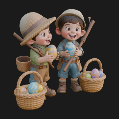 Children with Egg Baskets Statue Design 2 3D Print Model