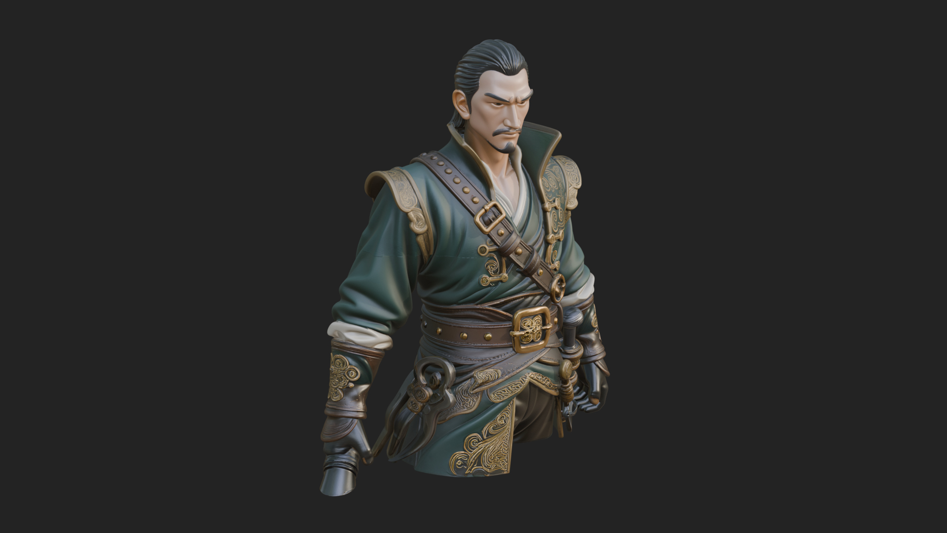 Coat Wearing Swordsman Bust Design 1 3D Print Model 3D Model