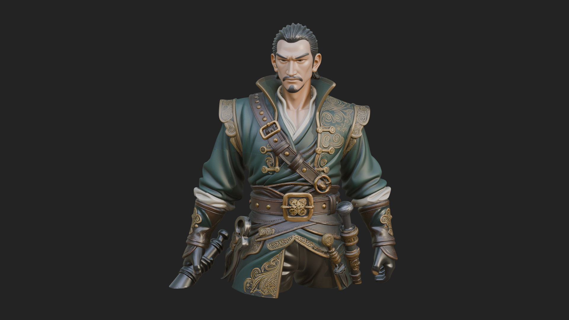 Coat Wearing Swordsman Bust Design 1 3D Print Model 3D Model