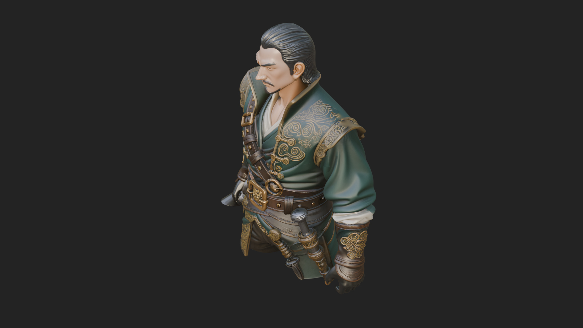 Coat Wearing Swordsman Bust Design 1 3D Print Model 3D Model