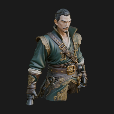 Coat Wearing Swordsman Bust Design 1 3D Print Model