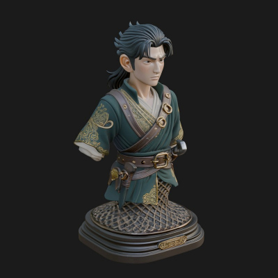 Coat Wearing Swordsman Bust Design 10 3D Print Model
