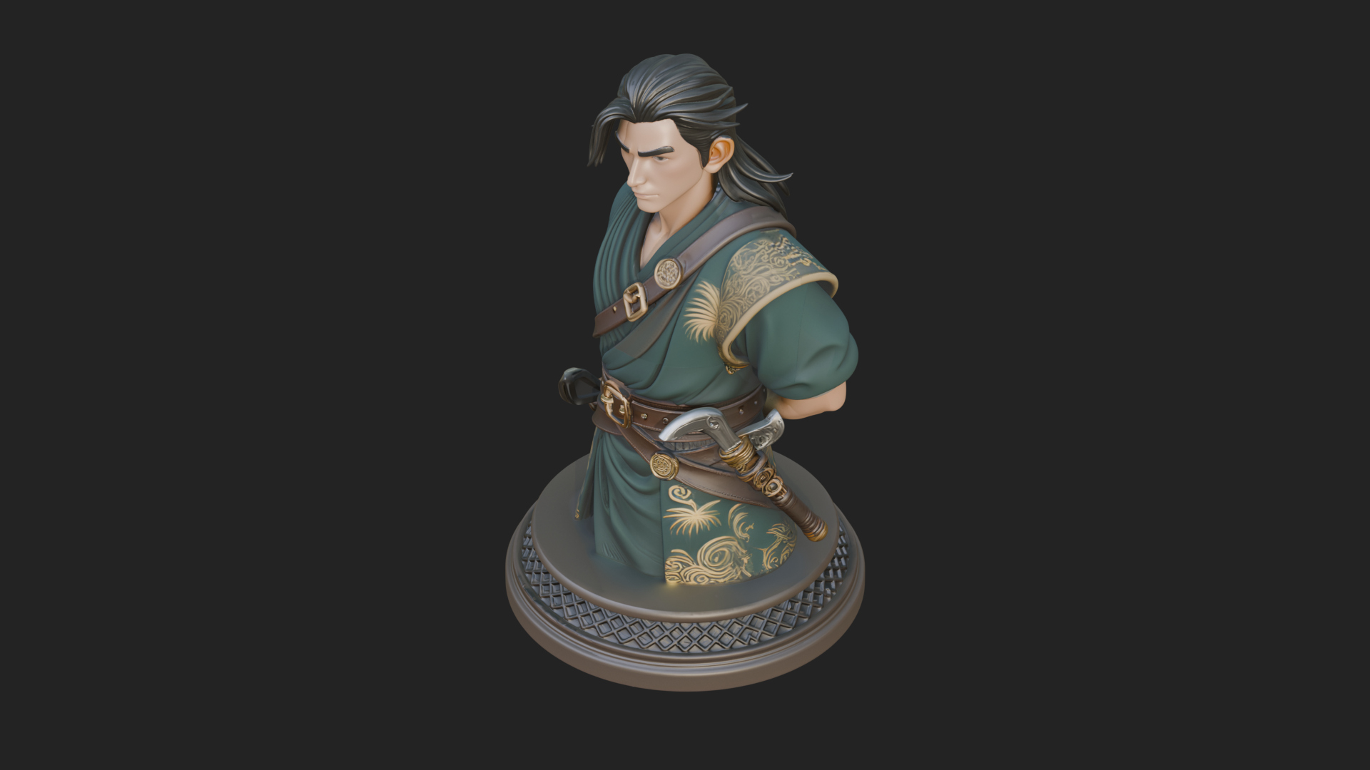 Coat Wearing Swordsman Bust Design 12 3D Print Model 3D Model