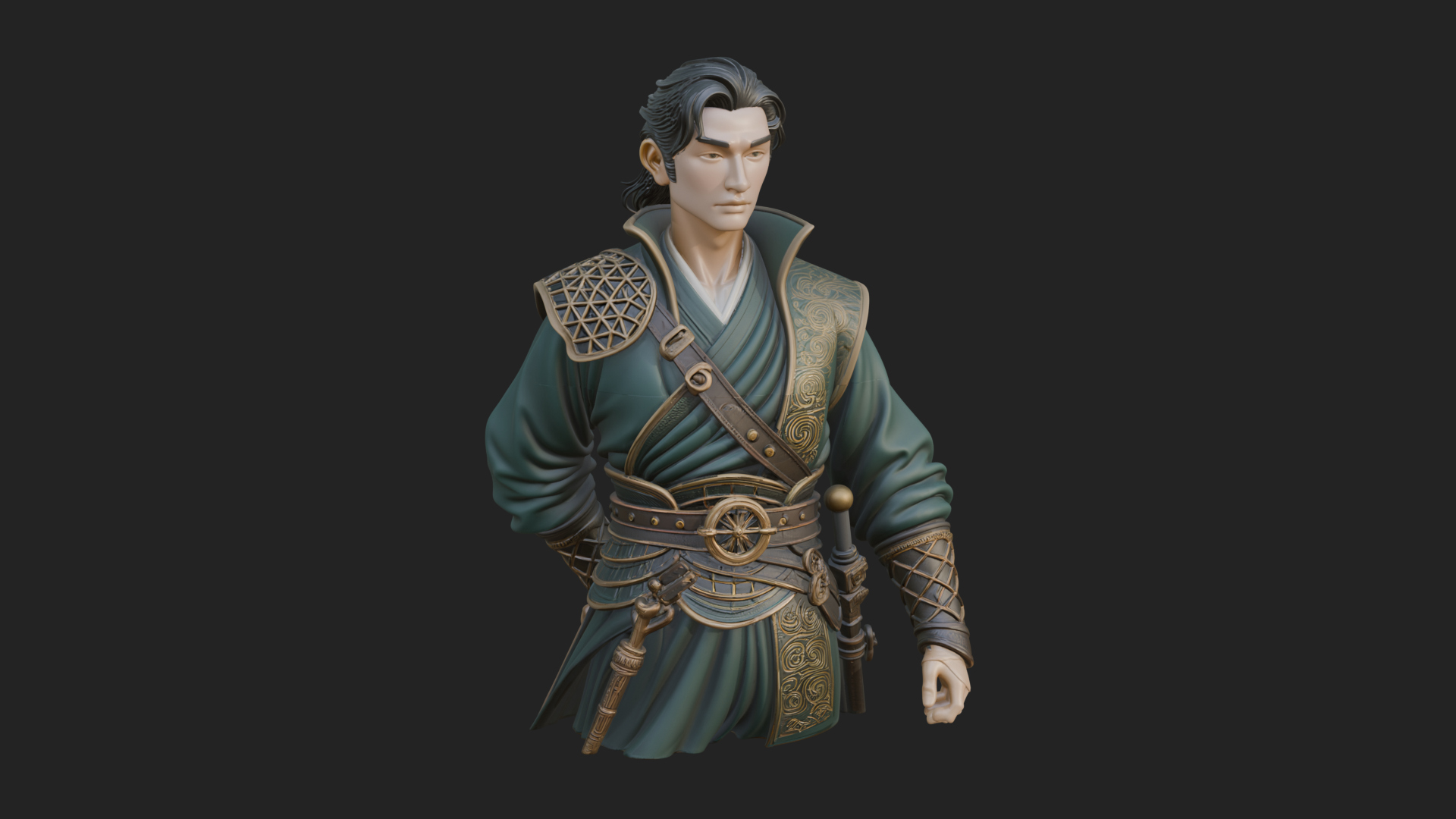 Coat Wearing Swordsman Bust Design 16 3D Print Model 3D Model