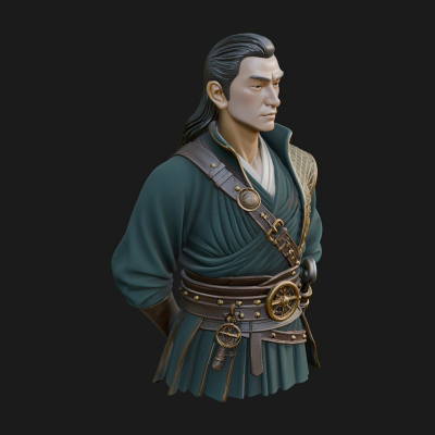 Coat Wearing Swordsman Bust Design 17 3D Print Model