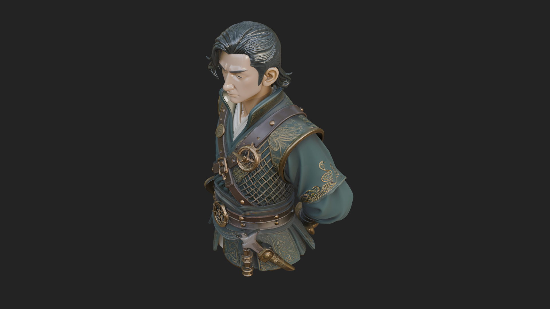 Coat Wearing Swordsman Bust Design 19 3D Print Model 3D Model