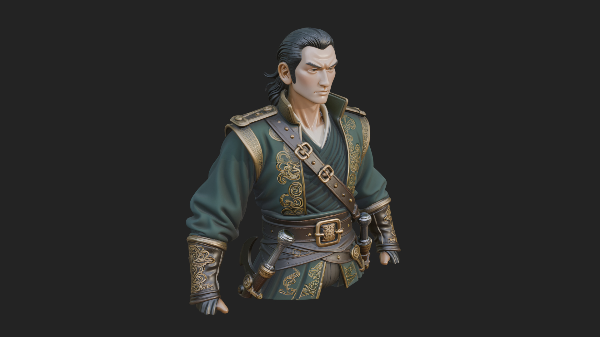 Coat Wearing Swordsman Bust Design 2 3D Print Model 3D Model