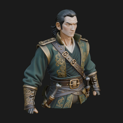 Coat Wearing Swordsman Bust Design 2 3D Print Model