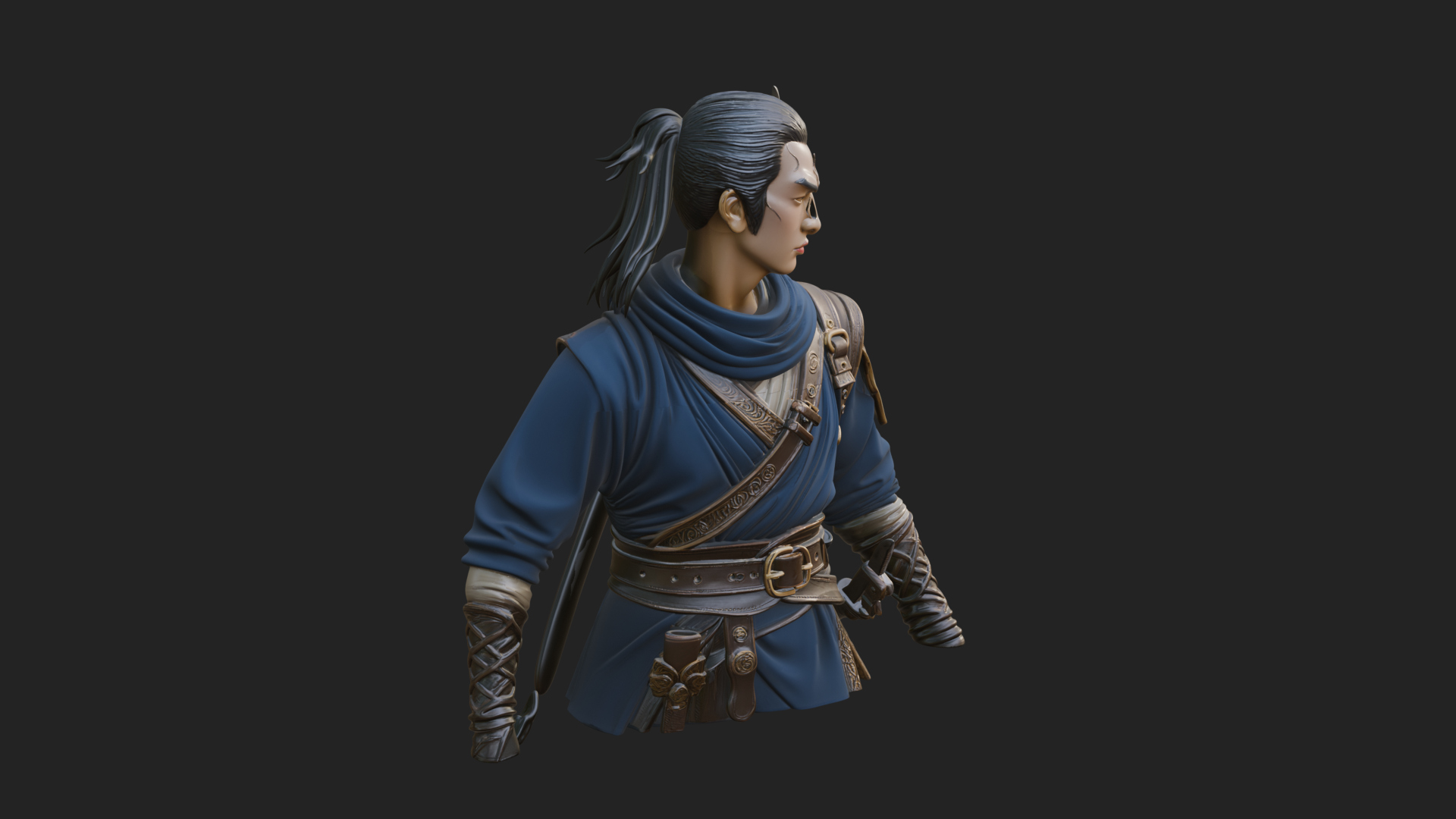 Coat Wearing Swordsman Bust Design 4 3D Print Model 3D Model