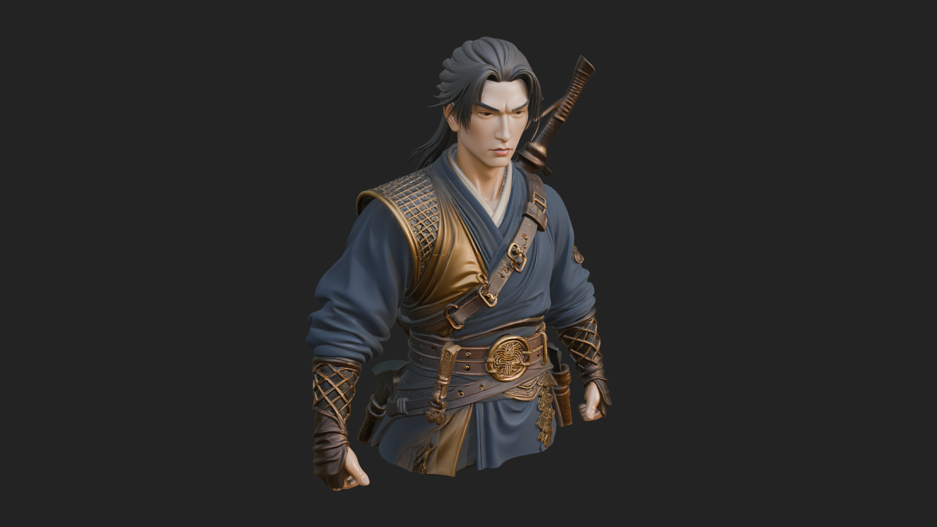 Coat Wearing Swordsman Bust Design 6 3D Print Model 3D Model