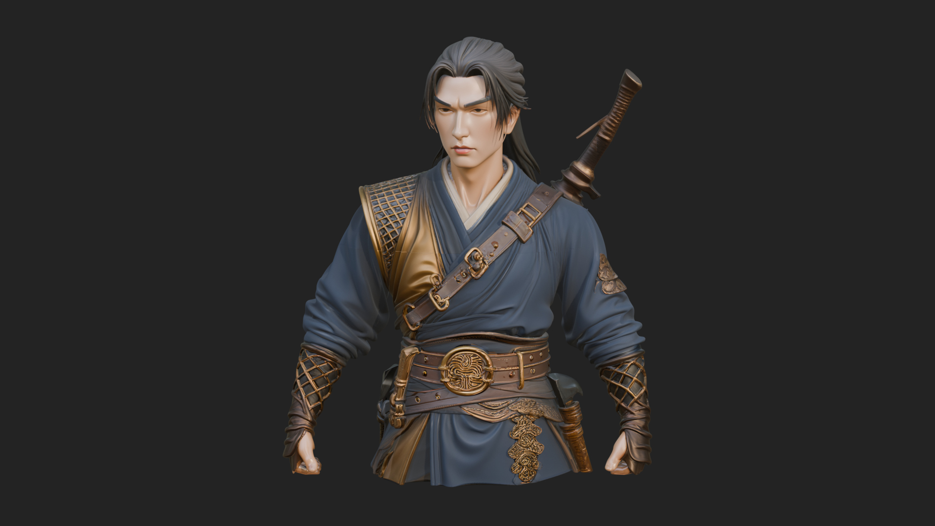 Coat Wearing Swordsman Bust Design 6 3D Print Model 3D Model