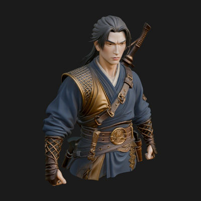 Coat Wearing Swordsman Bust Design 6 3D Print Model