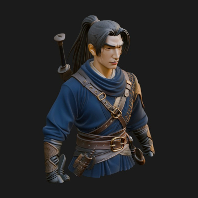 Coat Wearing Swordsman Bust Design 7 3D Print Model