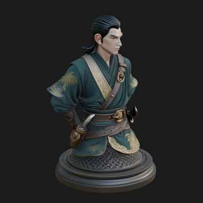 Coat Wearing Swordsman Bust Design 9 3D Print Model