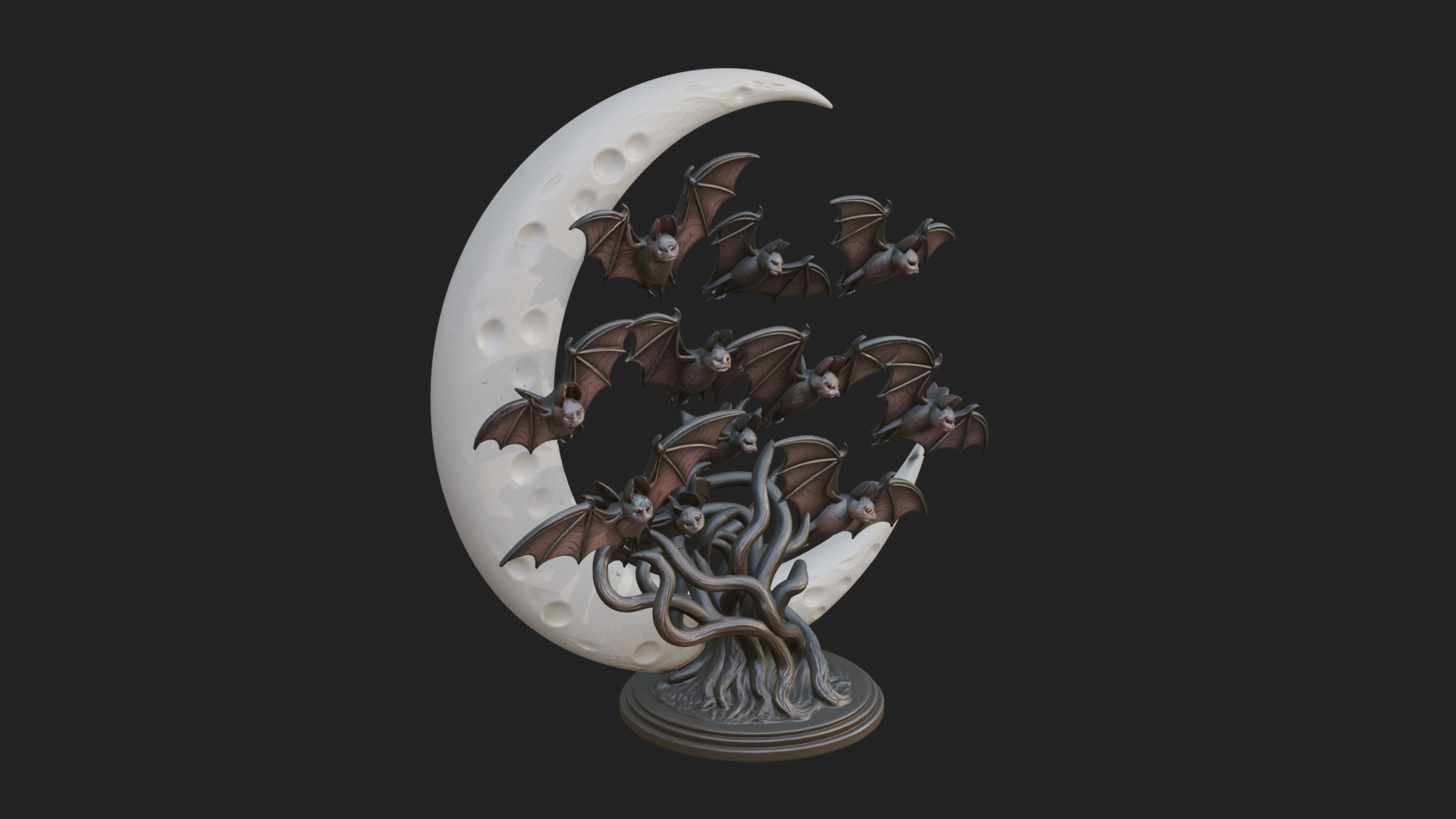 Crescent Moon Bat Tree Statue Design 1 3D Print Model 3D Model