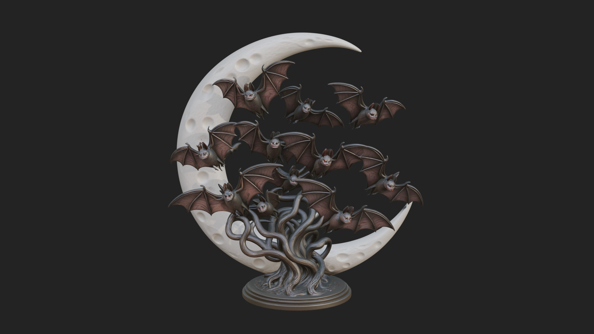 Crescent Moon Bat Tree Statue Design 1 3D Print Model 3D Model